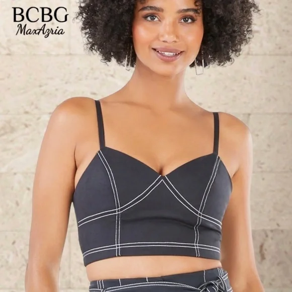 BCBGMAXAZRIA Topstitch Bustier-Style Full Zip Back Crop Top/Dk. Navy/LG NWT